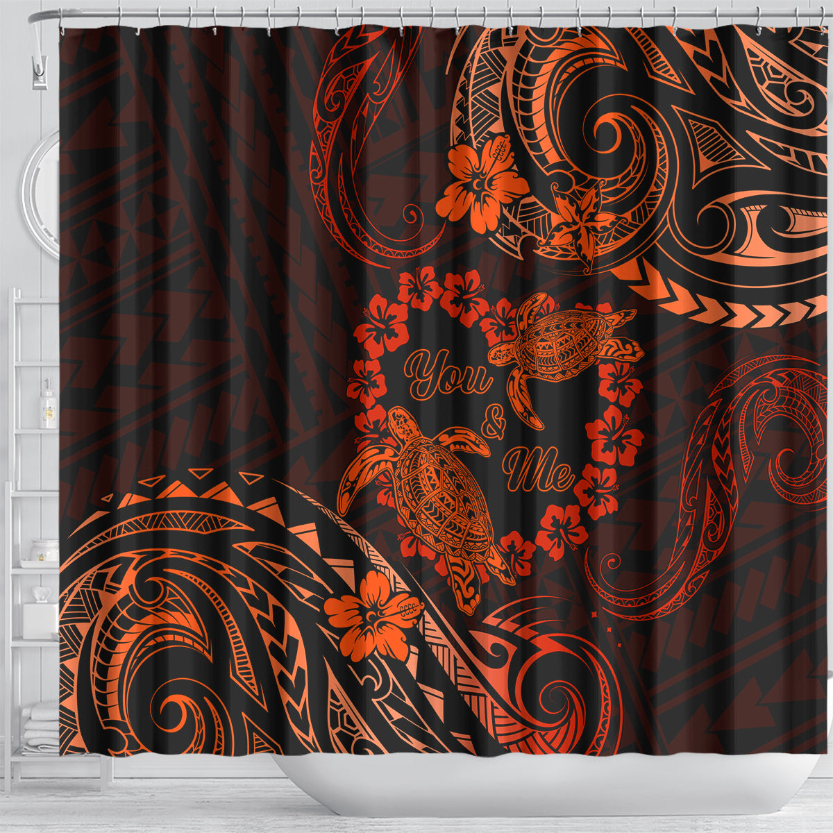 Polynesian Turtle Valentine Shower Curtain You And Me Orange Hibiscus Heart LT01 - Polynesian Pride