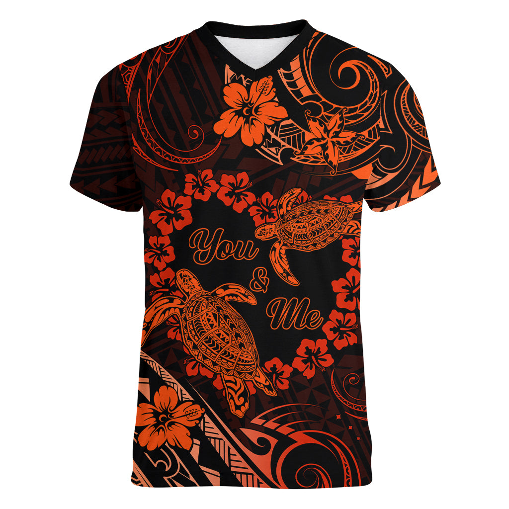 Polynesian Turtle Valentine Women V Neck T Shirt You And Me Orange Hibiscus Heart LT01 Female Orange - Polynesian Pride