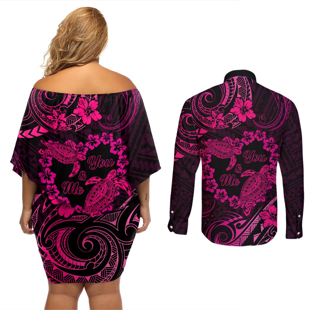 Polynesian Turtle Valentine Couples Matching Off Shoulder Short Dress and Long Sleeve Button Shirt You And Me Pink Hibiscus Heart LT01 - Polynesian Pride