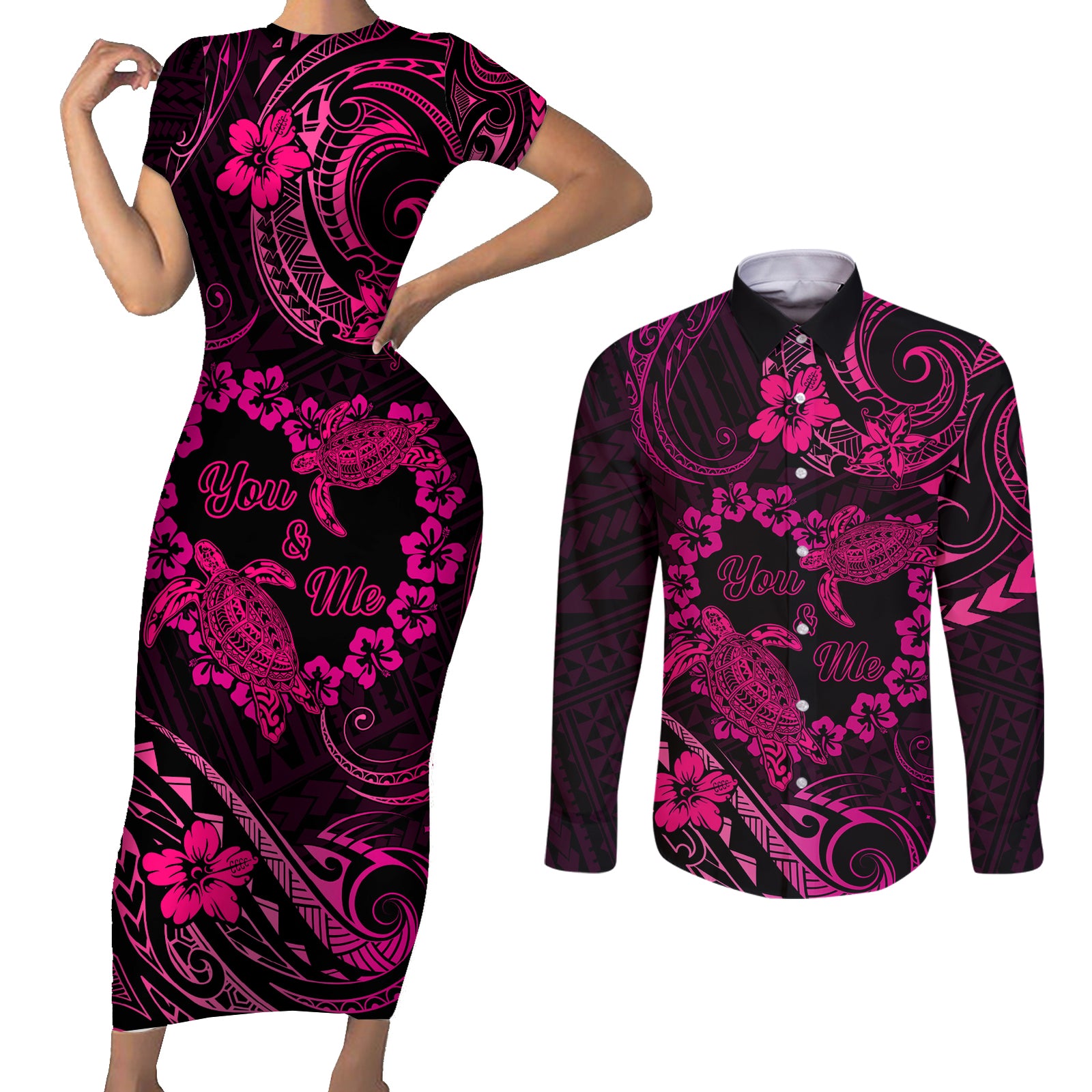 Polynesian Turtle Valentine Couples Matching Short Sleeve Bodycon Dress and Long Sleeve Button Shirt You And Me Pink Hibiscus Heart LT01 Pink - Polynesian Pride