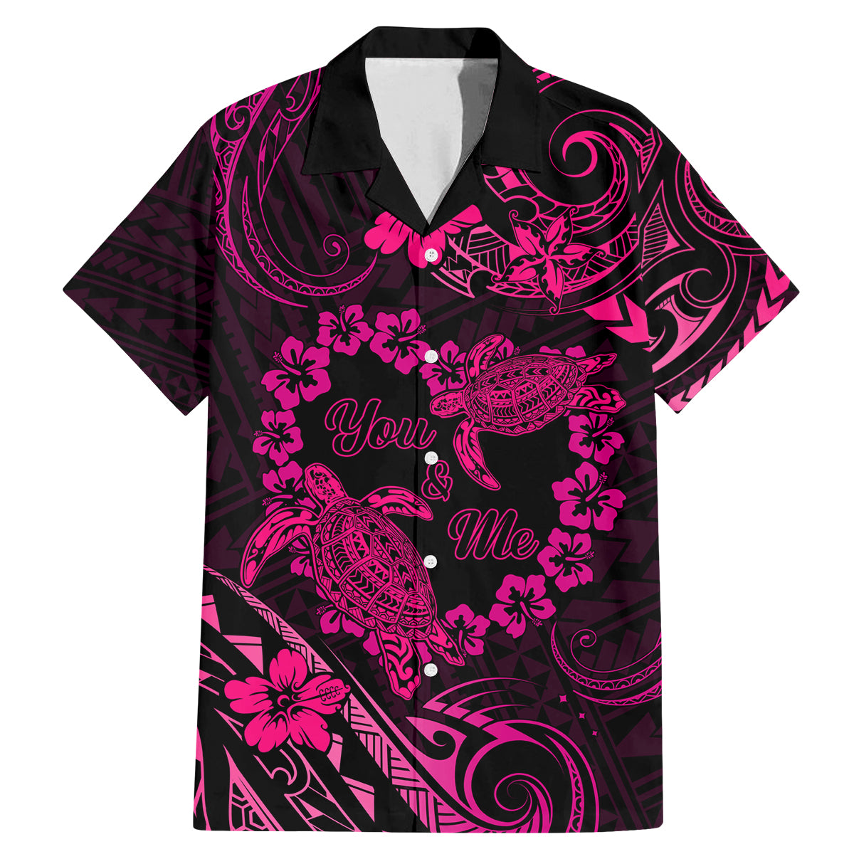 Polynesian Turtle Valentine Family Matching Mermaid Dress and Hawaiian Shirt You And Me Pink Hibiscus Heart LT01 Dad's Shirt - Short Sleeve Pink - Polynesian Pride