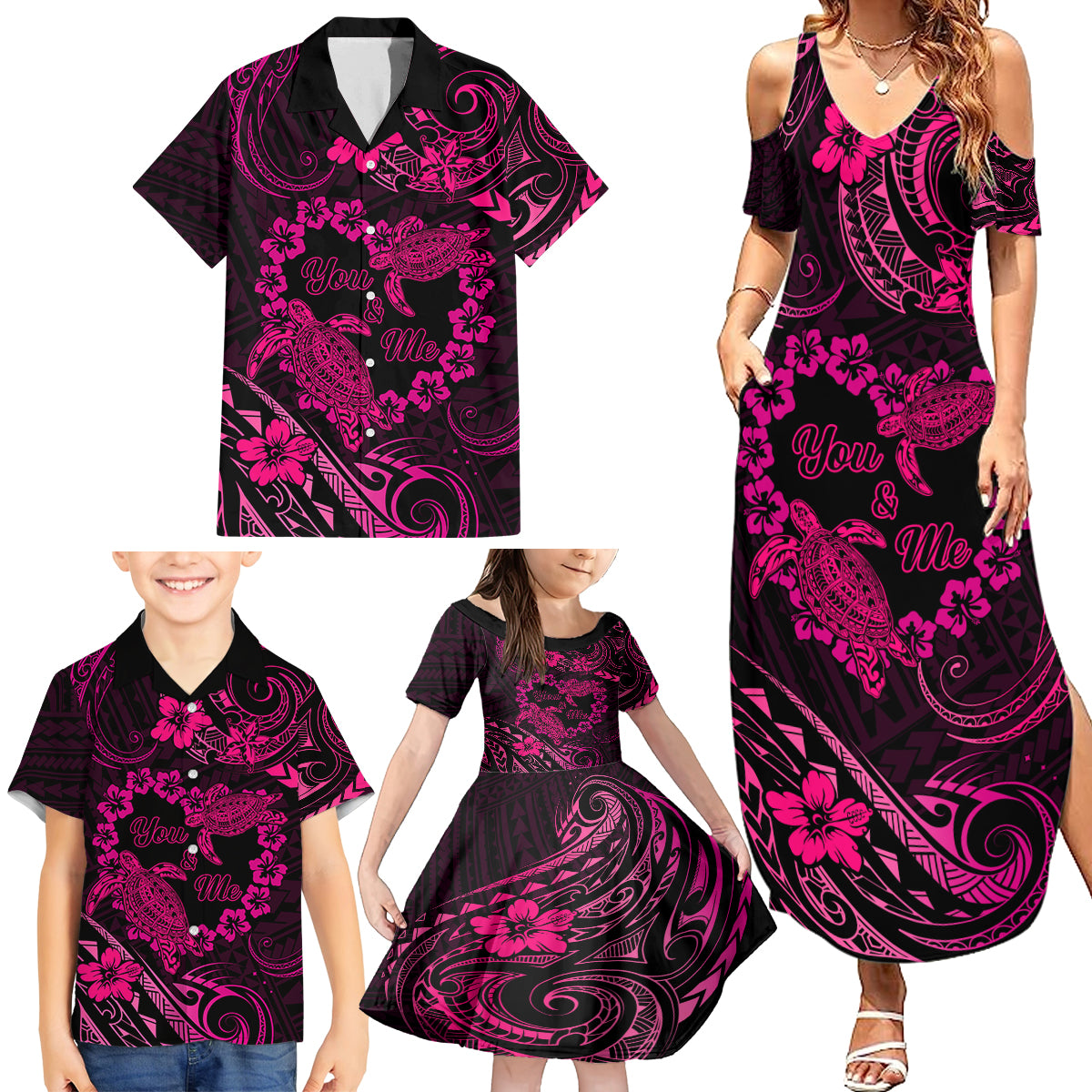 Polynesian Turtle Valentine Family Matching Summer Maxi Dress and Hawaiian Shirt You And Me Pink Hibiscus Heart LT01 - Polynesian Pride