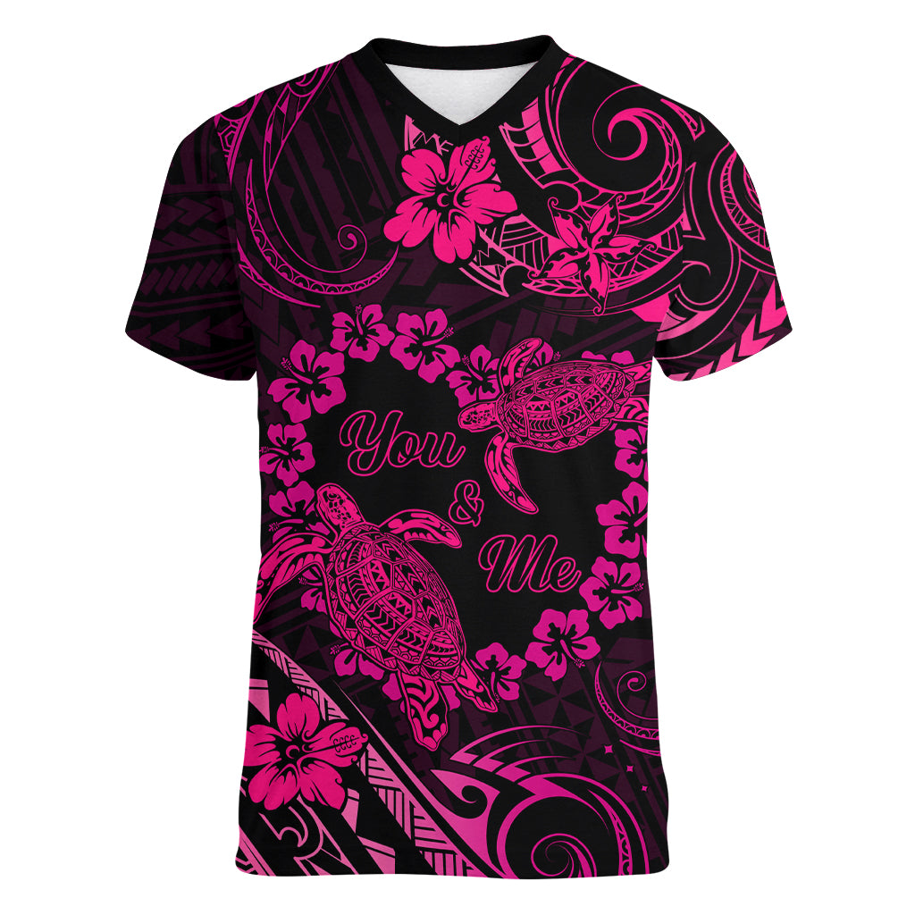 Polynesian Turtle Valentine Women V Neck T Shirt You And Me Pink Hibiscus Heart LT01 Female Pink - Polynesian Pride