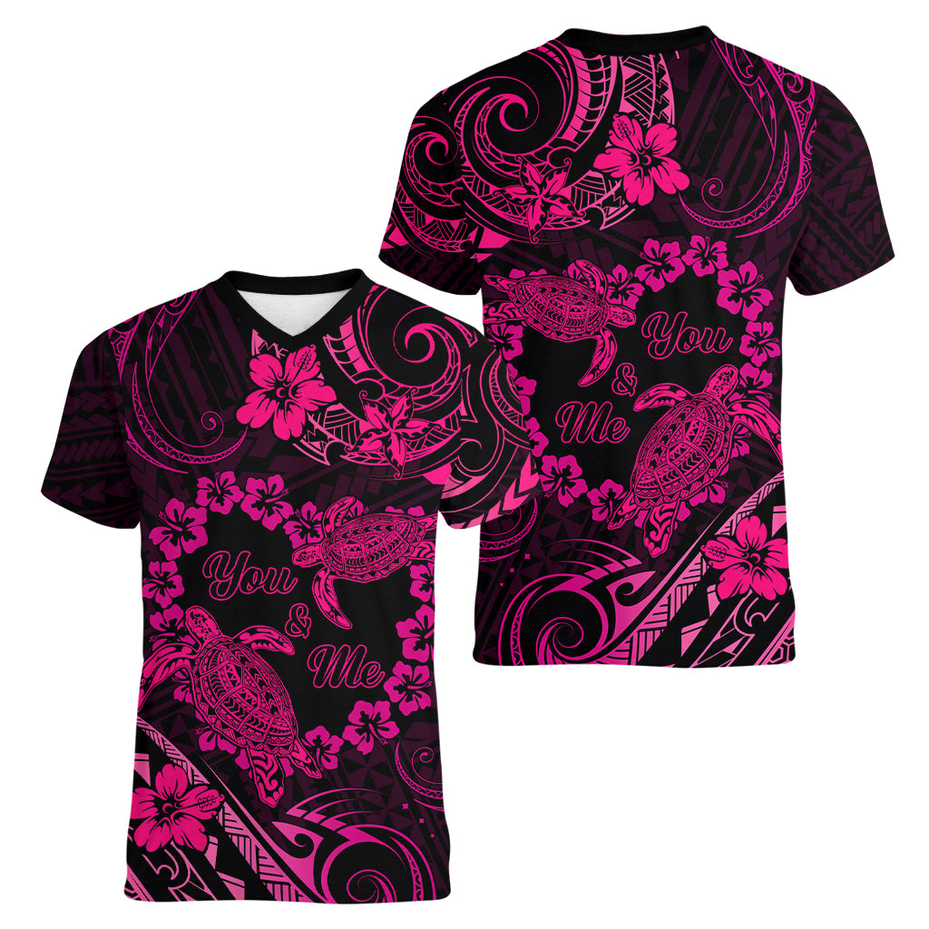 Polynesian Turtle Valentine Women V Neck T Shirt You And Me Pink Hibiscus Heart LT01 - Polynesian Pride