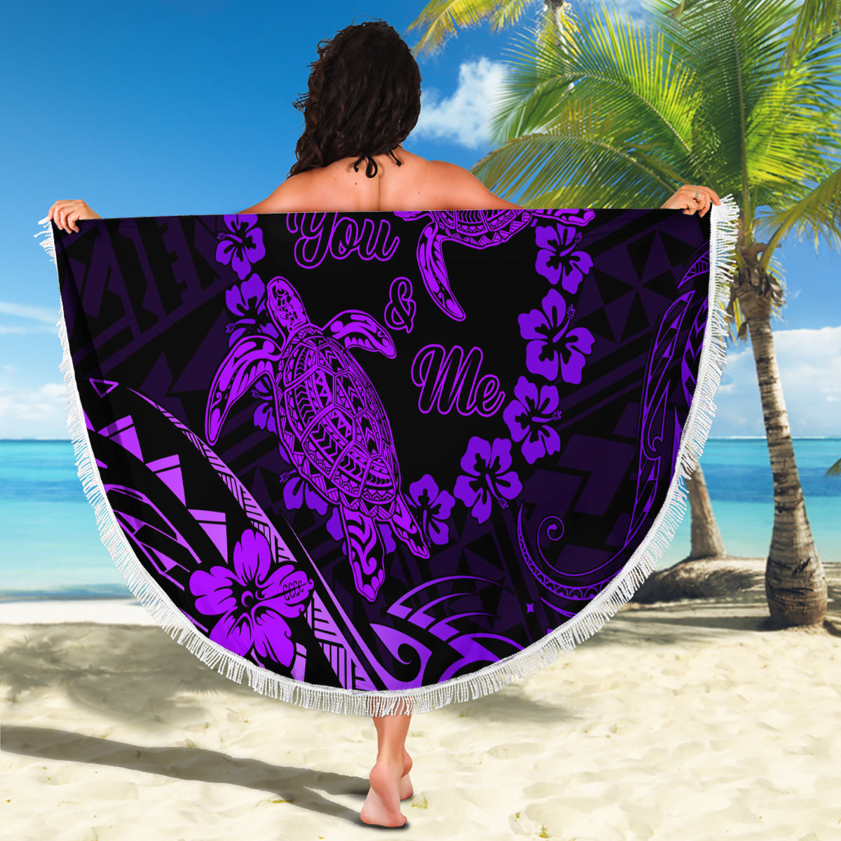 Polynesian Turtle Valentine Beach Blanket You And Me Purple Hibiscus Heart LT01 - Polynesian Pride