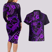 Polynesian Turtle Valentine Couples Matching Long Sleeve Bodycon Dress and Hawaiian Shirt You And Me Purple Hibiscus Heart LT01 - Polynesian Pride