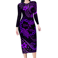 Polynesian Turtle Valentine Family Matching Long Sleeve Bodycon Dress and Hawaiian Shirt You And Me Purple Hibiscus Heart LT01 Mom's Dress Purple - Polynesian Pride