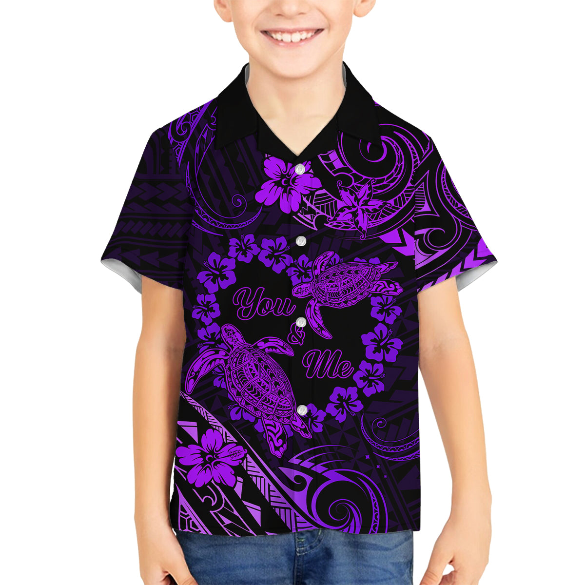 Polynesian Turtle Valentine Family Matching Long Sleeve Bodycon Dress and Hawaiian Shirt You And Me Purple Hibiscus Heart LT01 Son's Shirt Purple - Polynesian Pride