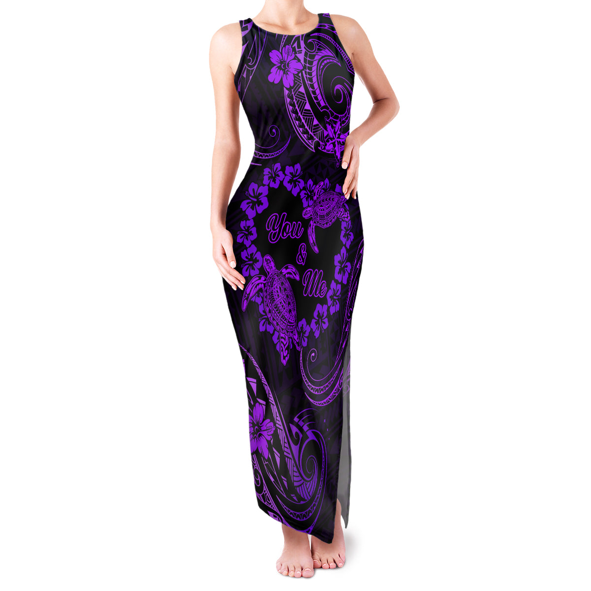 Polynesian Turtle Valentine Family Matching Tank Maxi Dress and Hawaiian Shirt You And Me Purple Hibiscus Heart LT01 Mom's Dress Purple - Polynesian Pride
