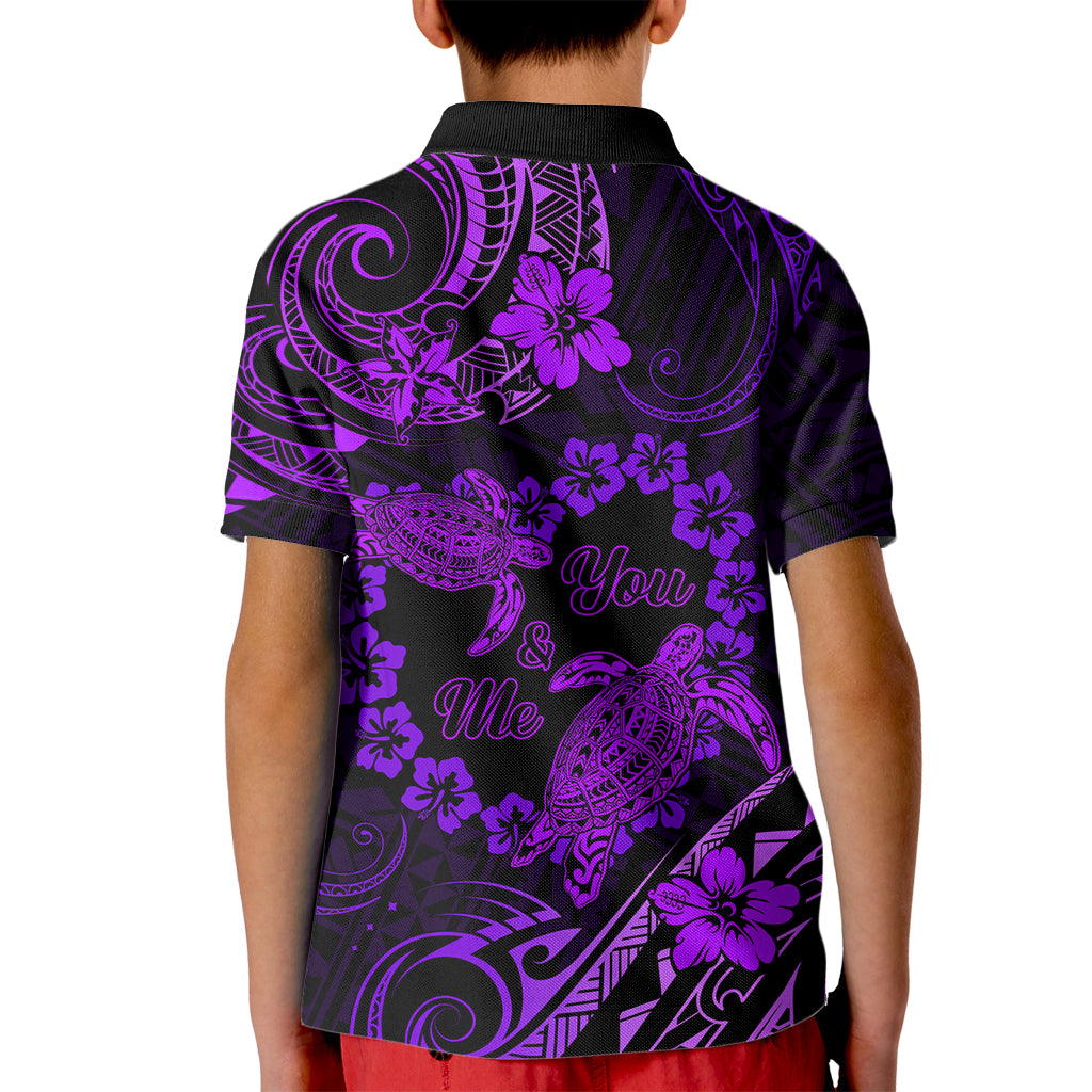 Polynesian Turtle Valentine Kid Polo Shirt You And Me Purple Hibiscus Heart LT01 - Polynesian Pride