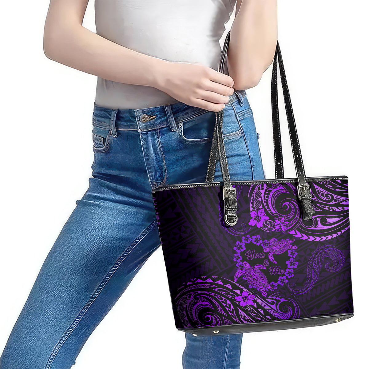 Polynesian Turtle Valentine Leather Tote Bag You And Me Purple Hibiscus Heart LT01 - Polynesian Pride