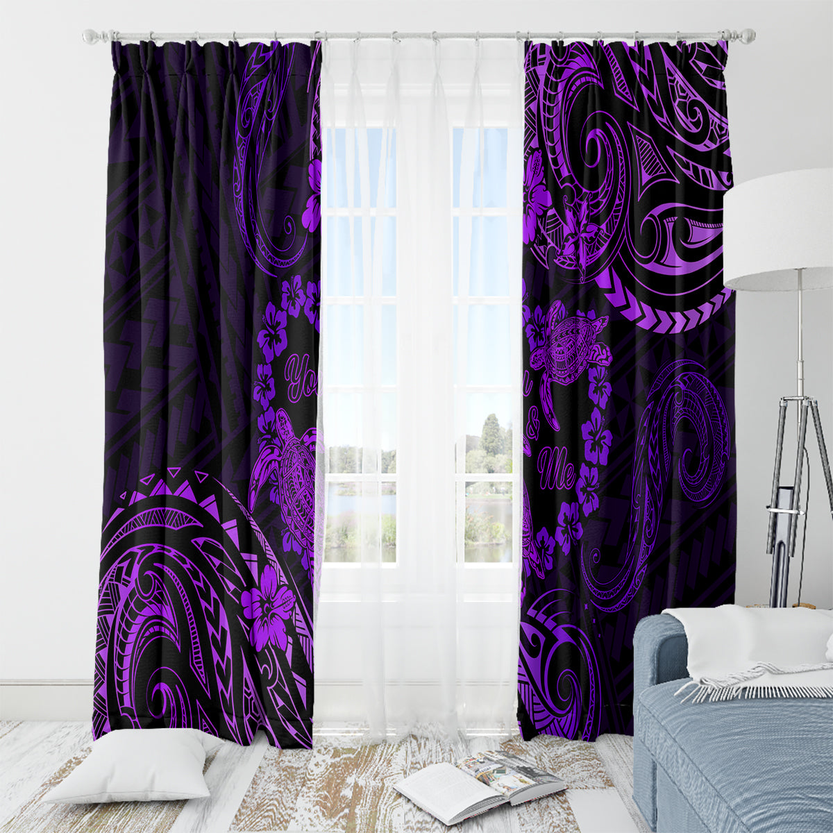 Polynesian Turtle Valentine Window Curtain You And Me Purple Hibiscus Heart LT01 - Polynesian Pride