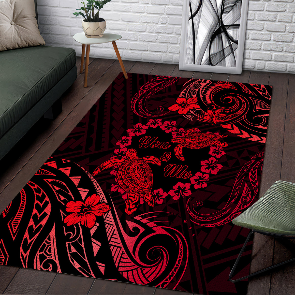 Polynesian Turtle Valentine Area Rug You And Me Red Hibiscus Heart LT01 Red - Polynesian Pride
