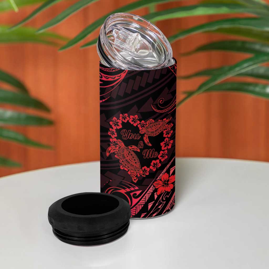 Polynesian Turtle Valentine 4 in 1 Can Cooler Tumbler You And Me Red Hibiscus Heart