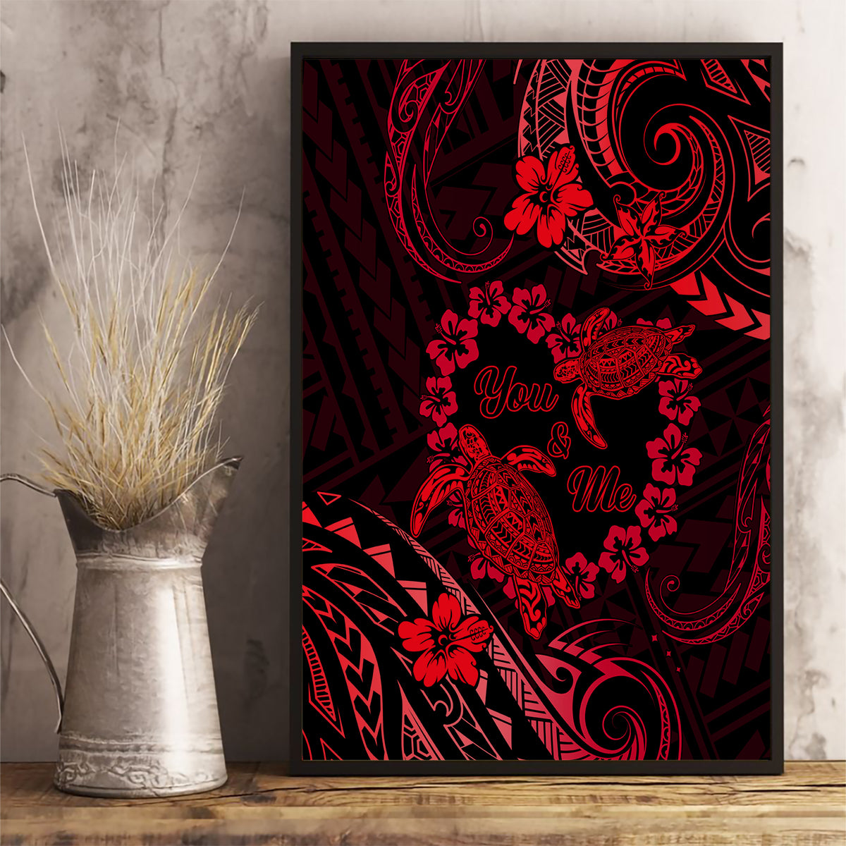 Polynesian Turtle Valentine Canvas Wall Art You And Me Red Hibiscus Heart LT01 - Polynesian Pride