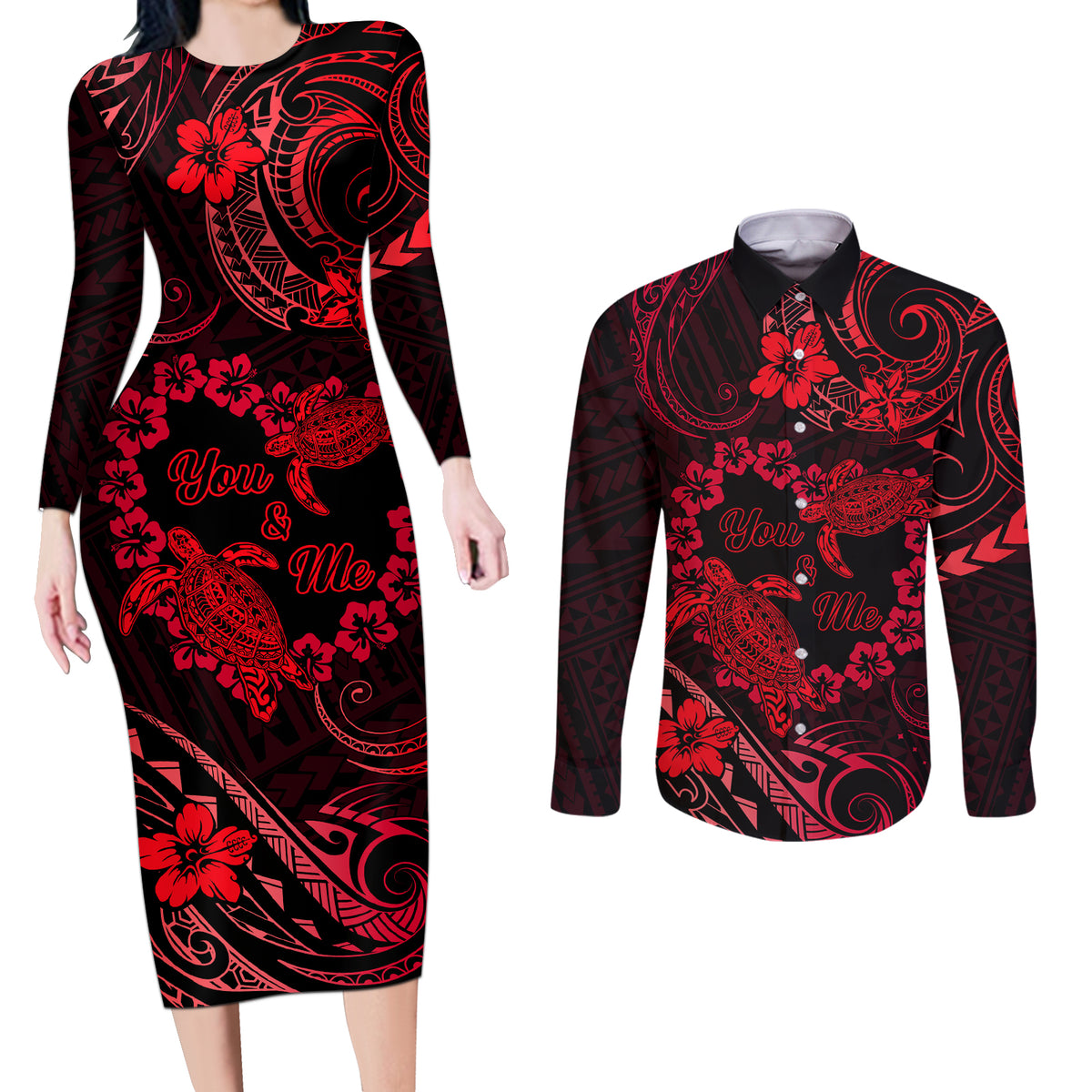 Polynesian Turtle Valentine Couples Matching Long Sleeve Bodycon Dress and Long Sleeve Button Shirt You And Me Red Hibiscus Heart LT01 Red - Polynesian Pride