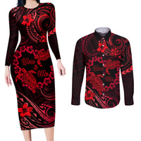 Polynesian Turtle Valentine Couples Matching Long Sleeve Bodycon Dress and Long Sleeve Button Shirt You And Me Red Hibiscus Heart LT01 Red - Polynesian Pride