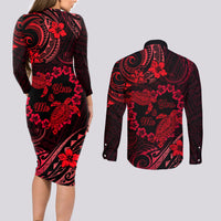 Polynesian Turtle Valentine Couples Matching Long Sleeve Bodycon Dress and Long Sleeve Button Shirt You And Me Red Hibiscus Heart LT01 - Polynesian Pride