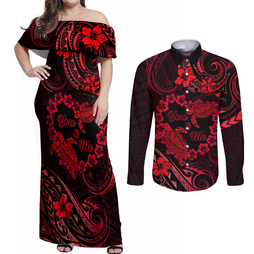 Polynesian Turtle Valentine Couples Matching Off Shoulder Maxi Dress and Long Sleeve Button Shirt You And Me Red Hibiscus Heart LT01 Red - Polynesian Pride