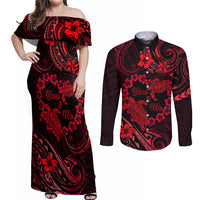 Polynesian Turtle Valentine Couples Matching Off Shoulder Maxi Dress and Long Sleeve Button Shirt You And Me Red Hibiscus Heart LT01 Red - Polynesian Pride