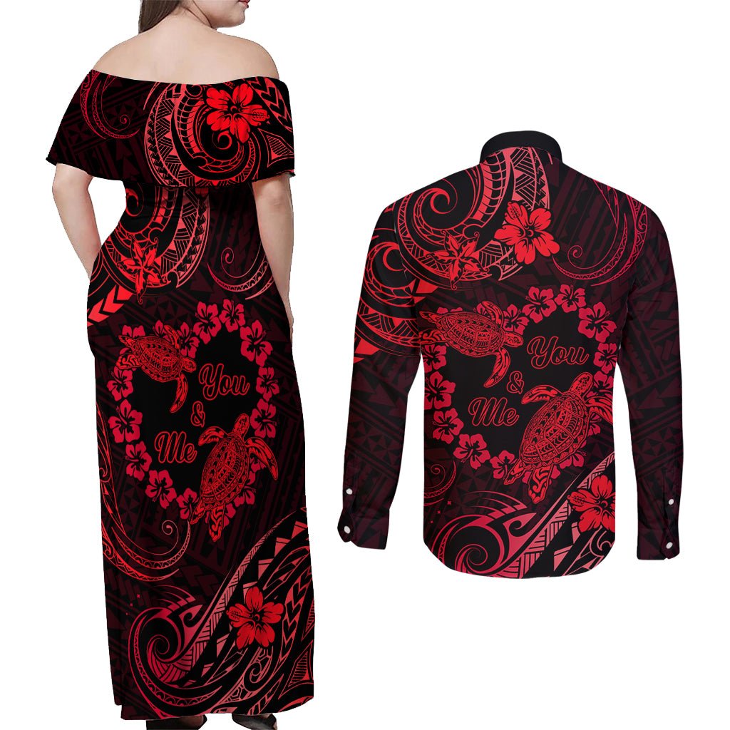 Polynesian Turtle Valentine Couples Matching Off Shoulder Maxi Dress and Long Sleeve Button Shirt You And Me Red Hibiscus Heart LT01 - Polynesian Pride