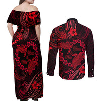 Polynesian Turtle Valentine Couples Matching Off Shoulder Maxi Dress and Long Sleeve Button Shirt You And Me Red Hibiscus Heart LT01 - Polynesian Pride