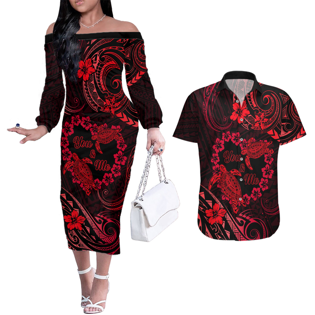 Polynesian Turtle Valentine Couples Matching Off The Shoulder Long Sleeve Dress and Hawaiian Shirt You And Me Red Hibiscus Heart LT01 Red - Polynesian Pride