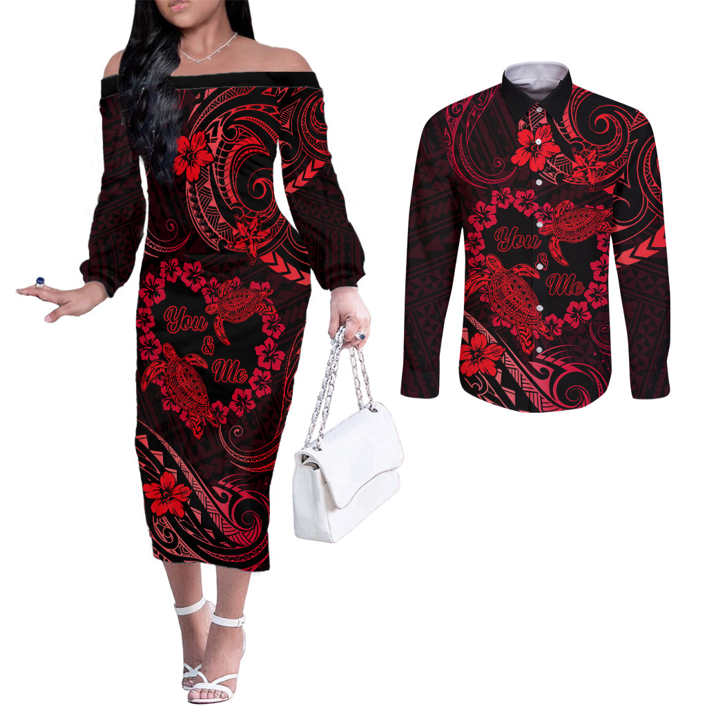 Polynesian Turtle Valentine Couples Matching Off The Shoulder Long Sleeve Dress and Long Sleeve Button Shirt You And Me Red Hibiscus Heart LT01 Red - Polynesian Pride