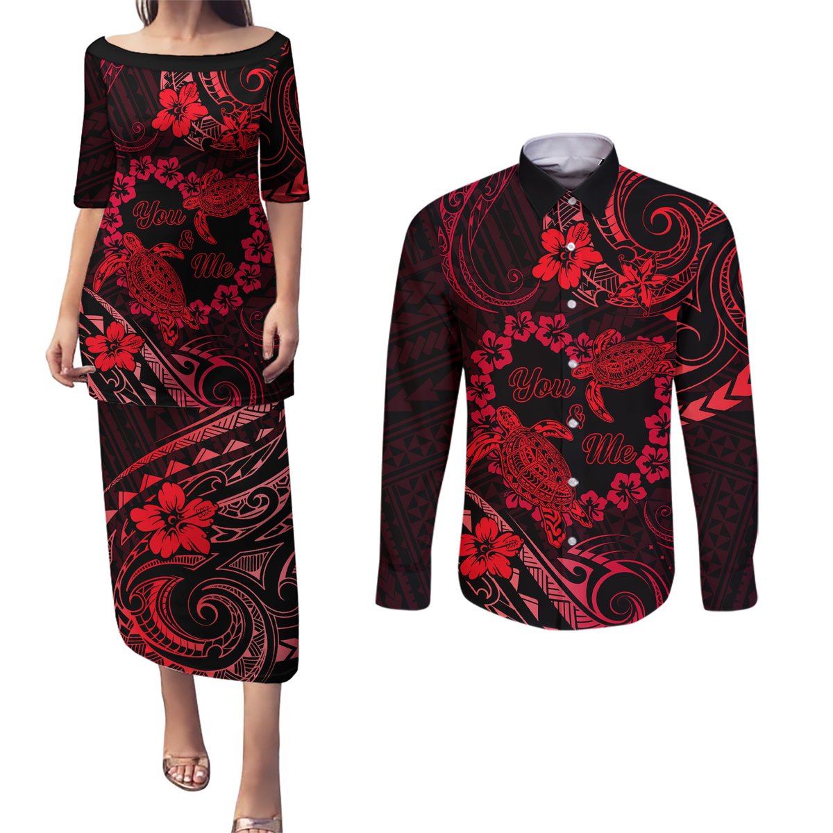 Polynesian Turtle Valentine Couples Matching Puletasi and Long Sleeve Button Shirt You And Me Red Hibiscus Heart LT01 Red - Polynesian Pride