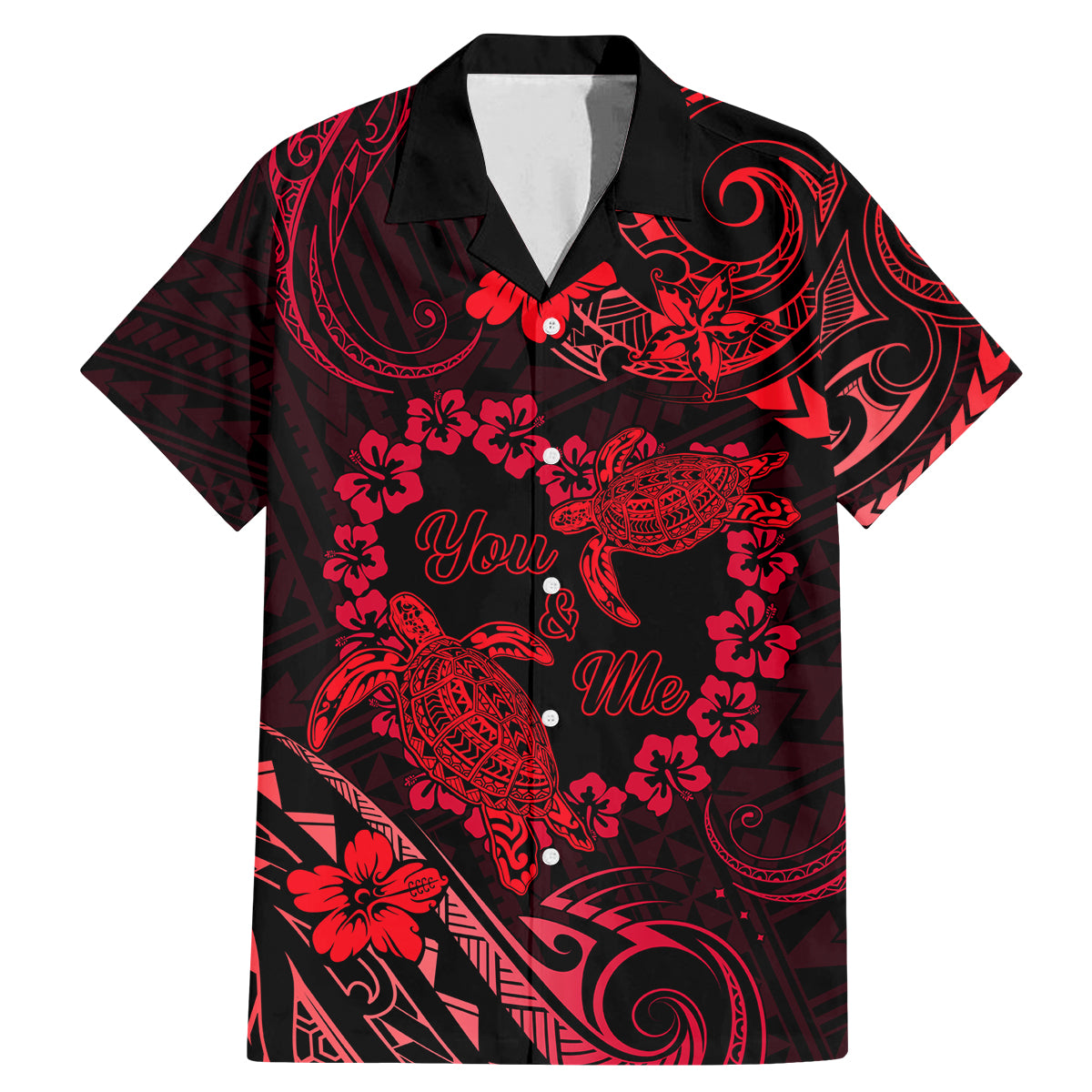 Polynesian Turtle Valentine Family Matching Mermaid Dress and Hawaiian Shirt You And Me Red Hibiscus Heart LT01 Dad's Shirt - Short Sleeve Red - Polynesian Pride