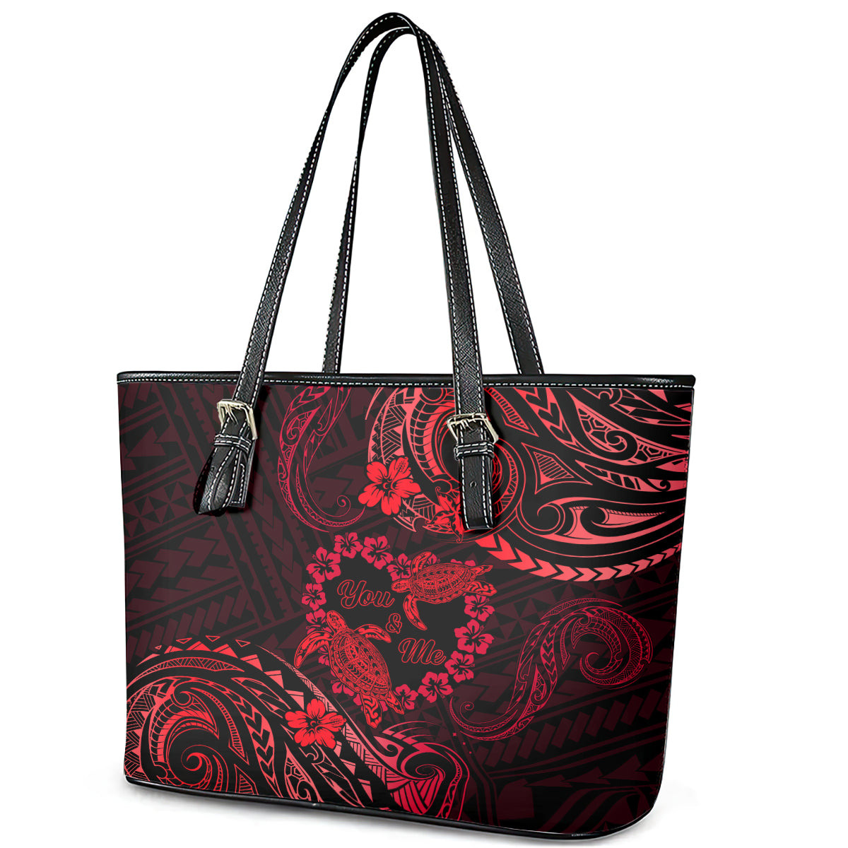 Polynesian Turtle Valentine Leather Tote Bag You And Me Red Hibiscus Heart LT01 - Polynesian Pride