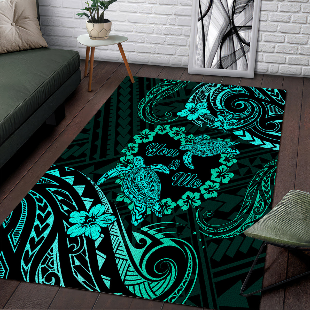 Polynesian Turtle Valentine Area Rug You And Me Turquoise Hibiscus Heart LT01 Turquoise - Polynesian Pride