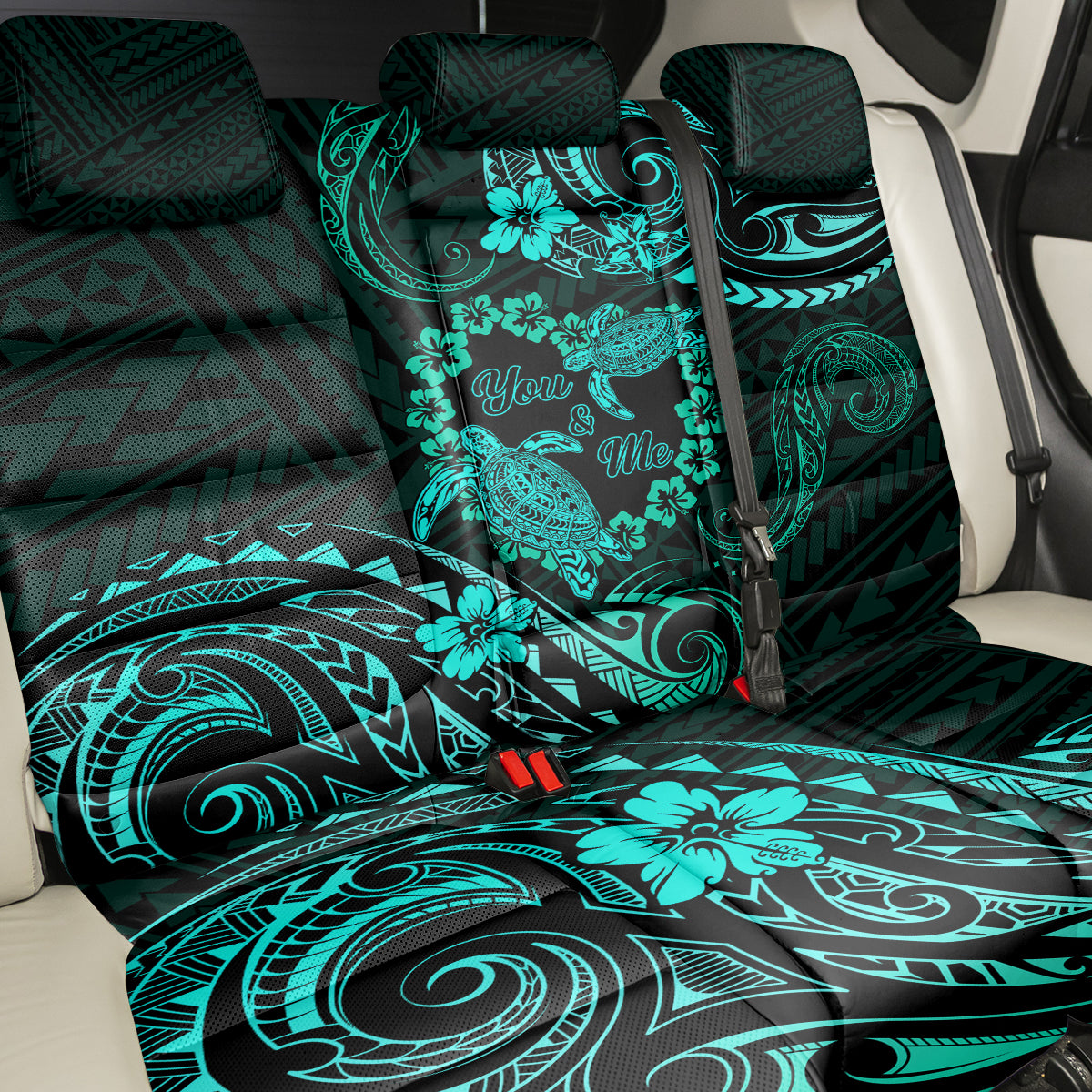 Polynesian Turtle Valentine Back Car Seat Cover You And Me Turquoise Hibiscus Heart LT01 - Polynesian Pride
