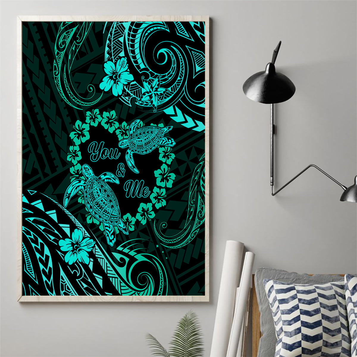 Polynesian Turtle Valentine Canvas Wall Art You And Me Turquoise Hibiscus Heart LT01 - Polynesian Pride