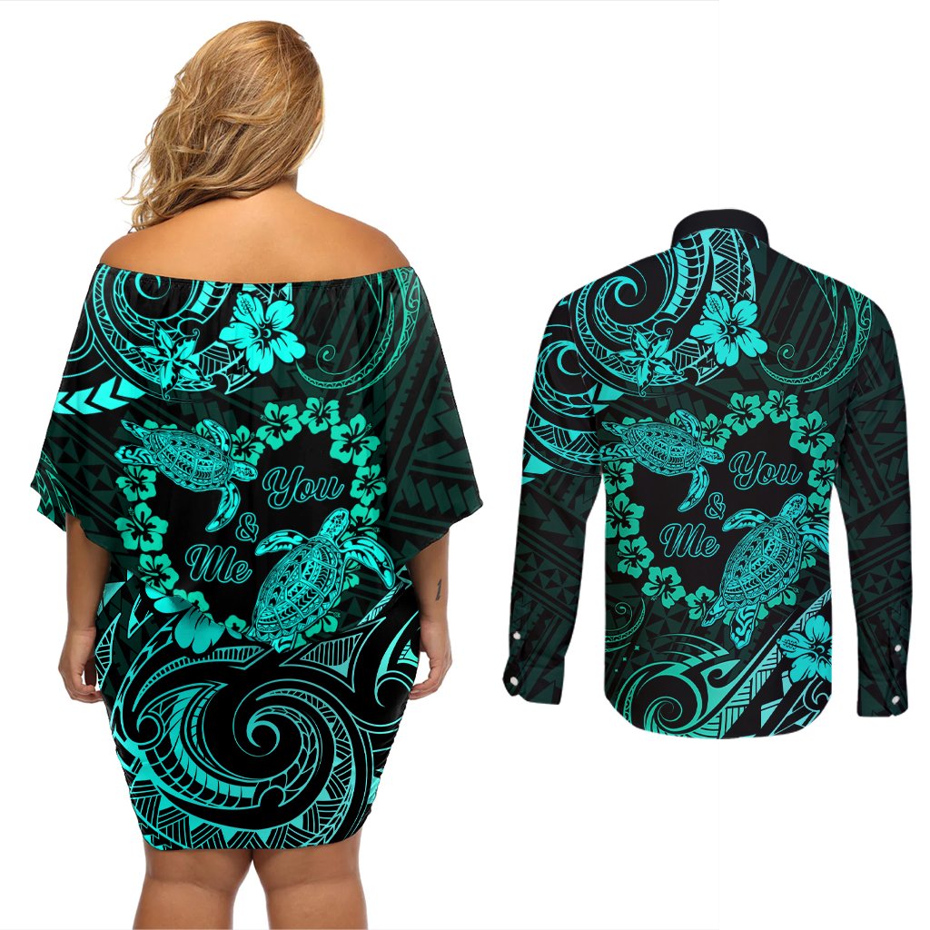 Polynesian Turtle Valentine Couples Matching Off Shoulder Short Dress and Long Sleeve Button Shirt You And Me Turquoise Hibiscus Heart LT01 - Polynesian Pride