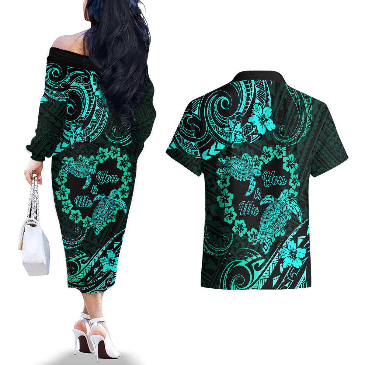 Polynesian Turtle Valentine Couples Matching Off The Shoulder Long Sleeve Dress and Hawaiian Shirt You And Me Turquoise Hibiscus Heart LT01 - Polynesian Pride