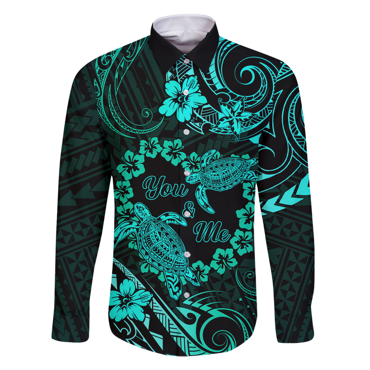 Polynesian Turtle Valentine Family Matching Long Sleeve Bodycon Dress and Hawaiian Shirt You And Me Turquoise Hibiscus Heart LT01 Dad's Shirt - Long Sleeve Turquoise - Polynesian Pride