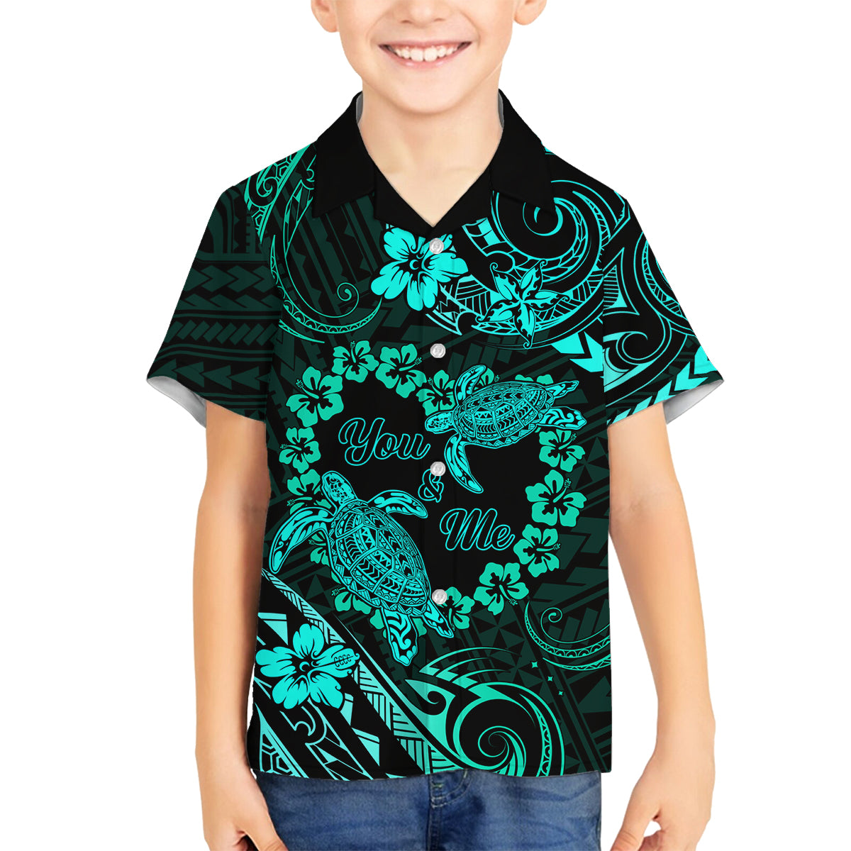 Polynesian Turtle Valentine Family Matching Long Sleeve Bodycon Dress and Hawaiian Shirt You And Me Turquoise Hibiscus Heart LT01 Son's Shirt Turquoise - Polynesian Pride