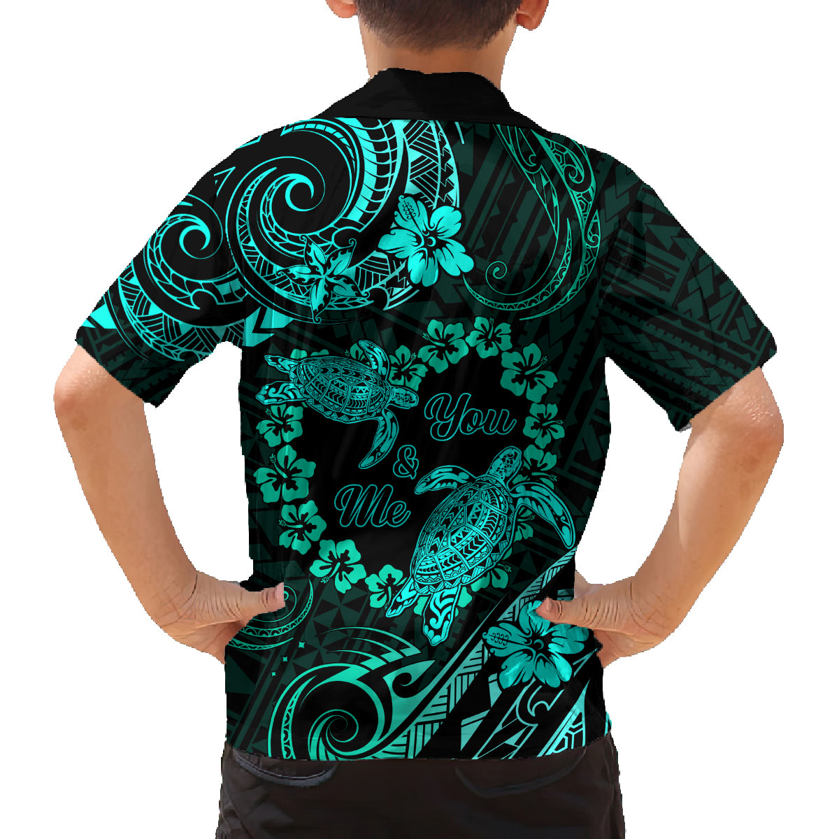 Polynesian Turtle Valentine Family Matching Puletasi and Hawaiian Shirt You And Me Turquoise Hibiscus Heart LT01 - Polynesian Pride