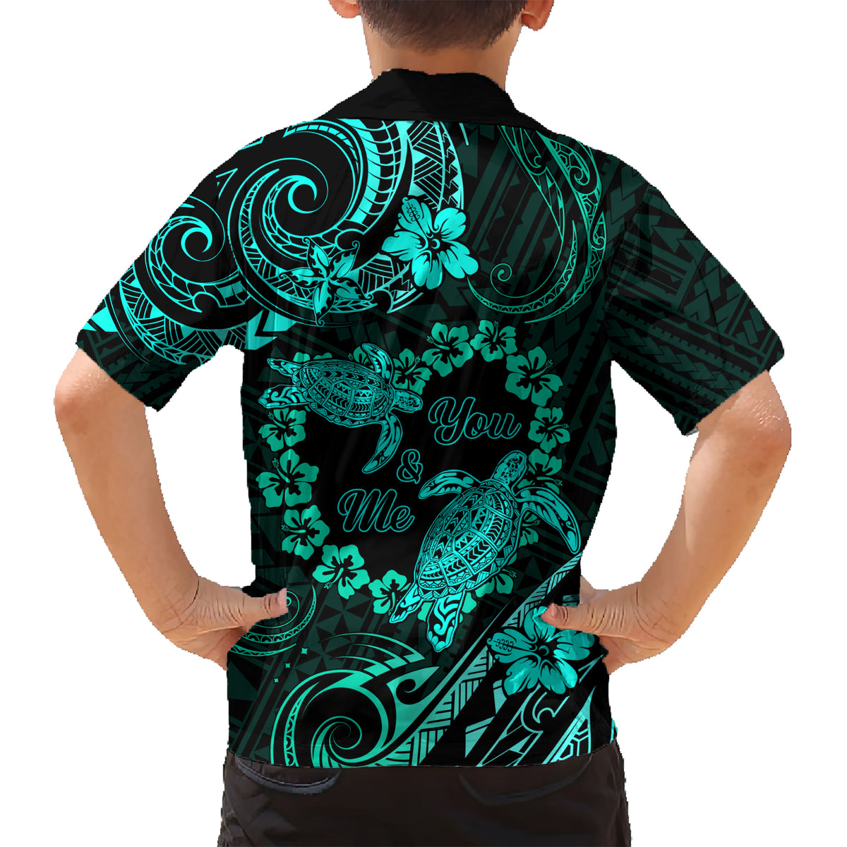 Polynesian Turtle Valentine Family Matching Short Sleeve Bodycon Dress and Hawaiian Shirt You And Me Turquoise Hibiscus Heart LT01 - Polynesian Pride