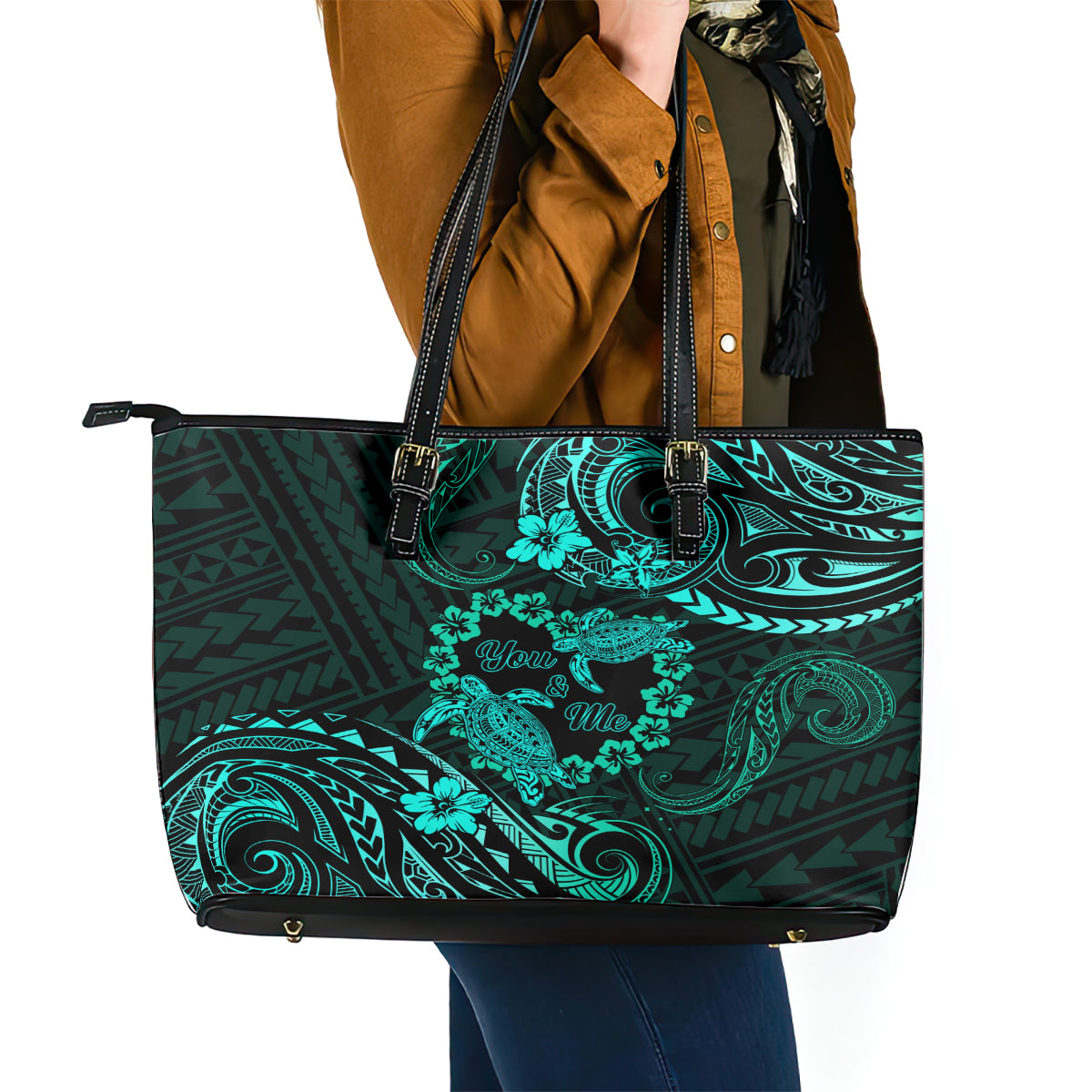 Polynesian Turtle Valentine Leather Tote Bag You And Me Turquoise Hibiscus Heart LT01 - Polynesian Pride