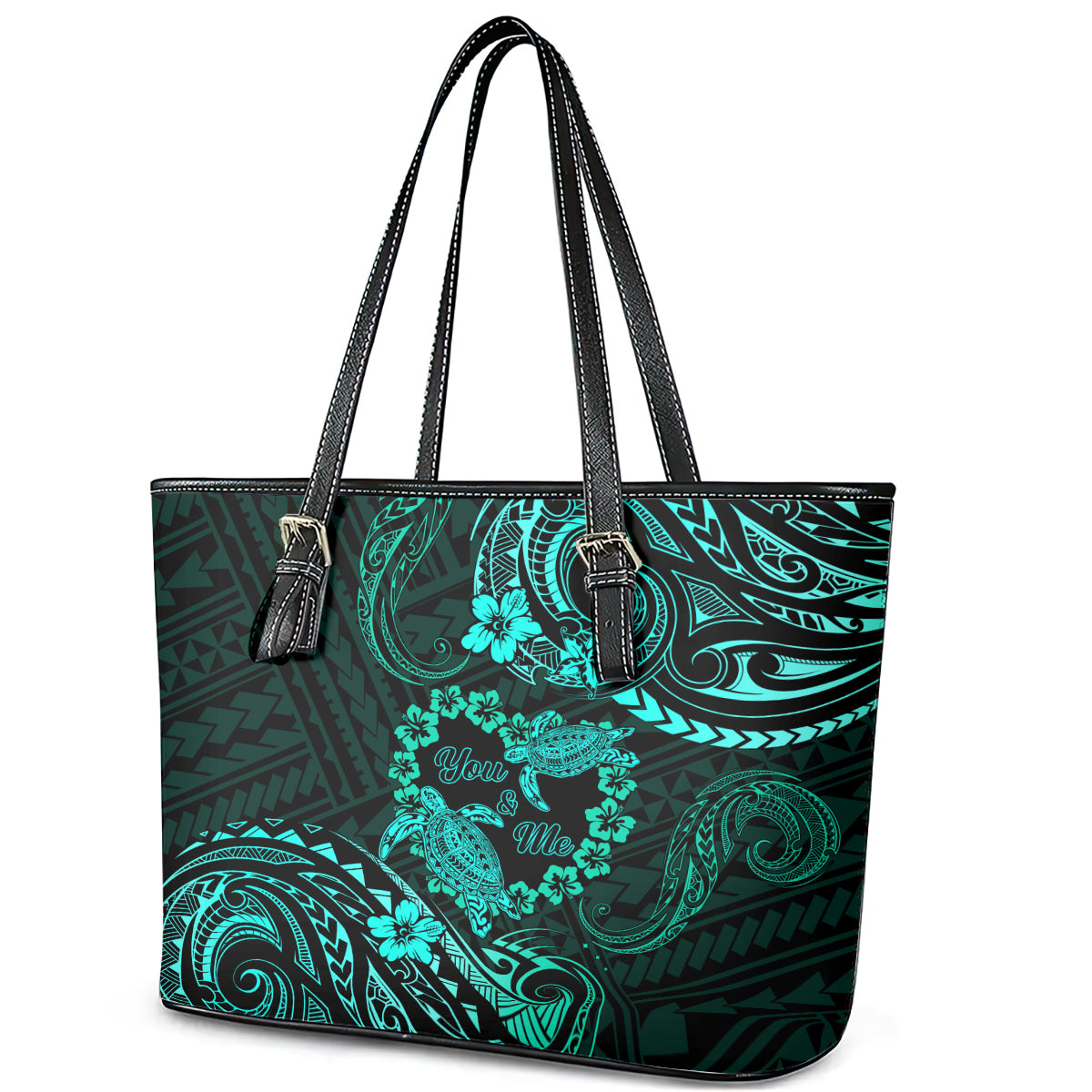 Polynesian Turtle Valentine Leather Tote Bag You And Me Turquoise Hibiscus Heart LT01 - Polynesian Pride