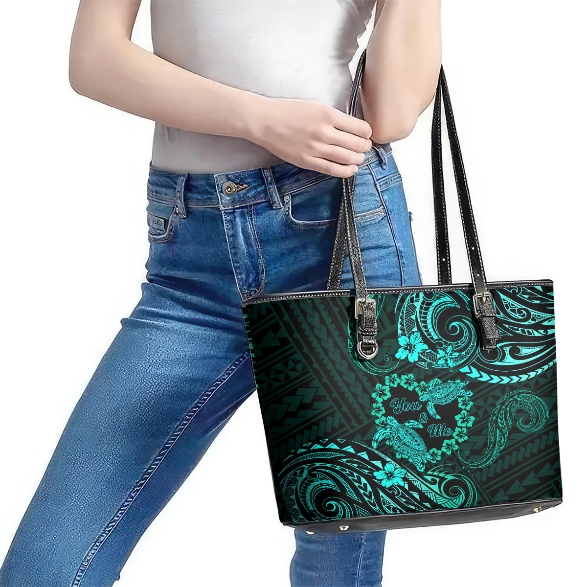 Polynesian Turtle Valentine Leather Tote Bag You And Me Turquoise Hibiscus Heart LT01 - Polynesian Pride