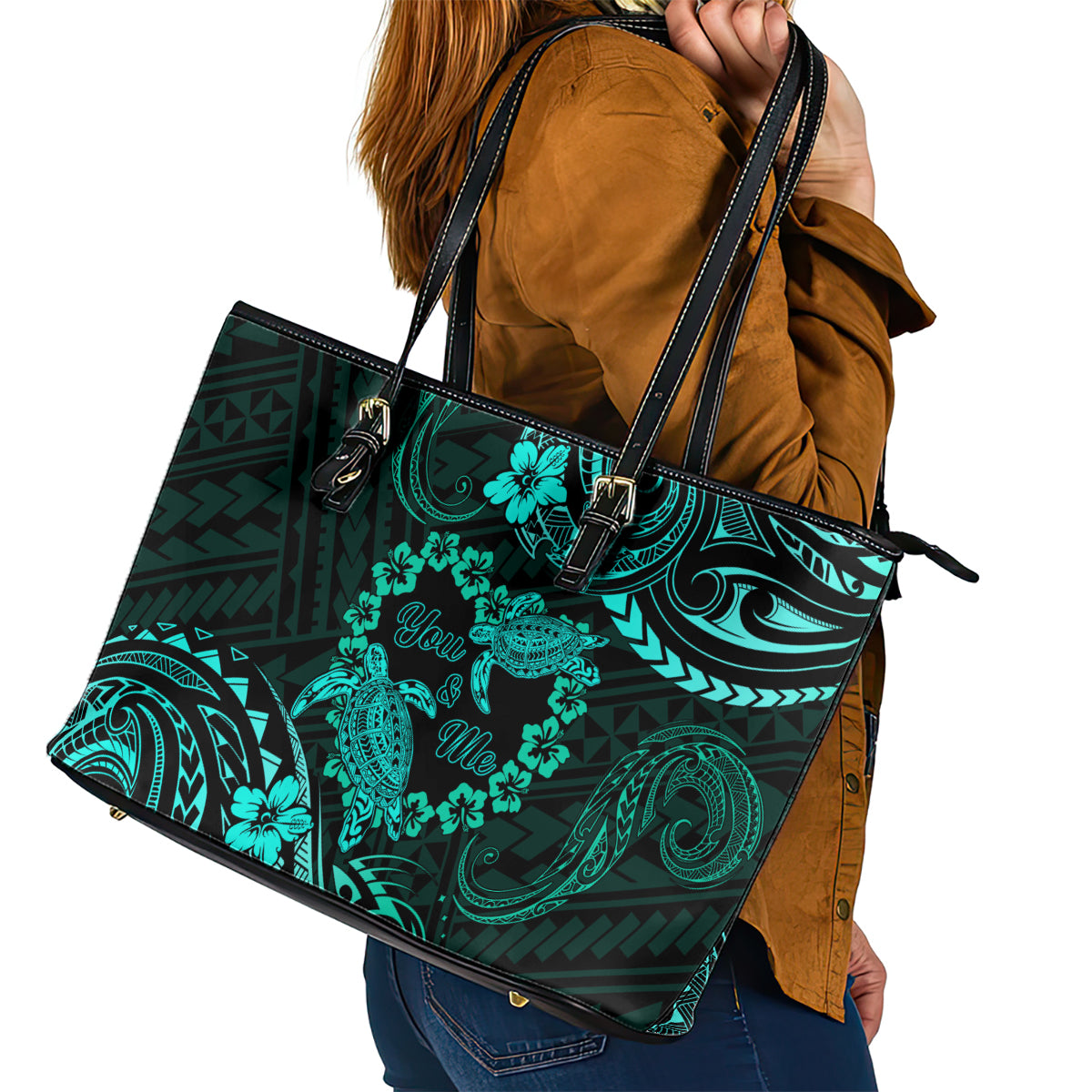 Polynesian Turtle Valentine Leather Tote Bag You And Me Turquoise Hibiscus Heart LT01 - Polynesian Pride
