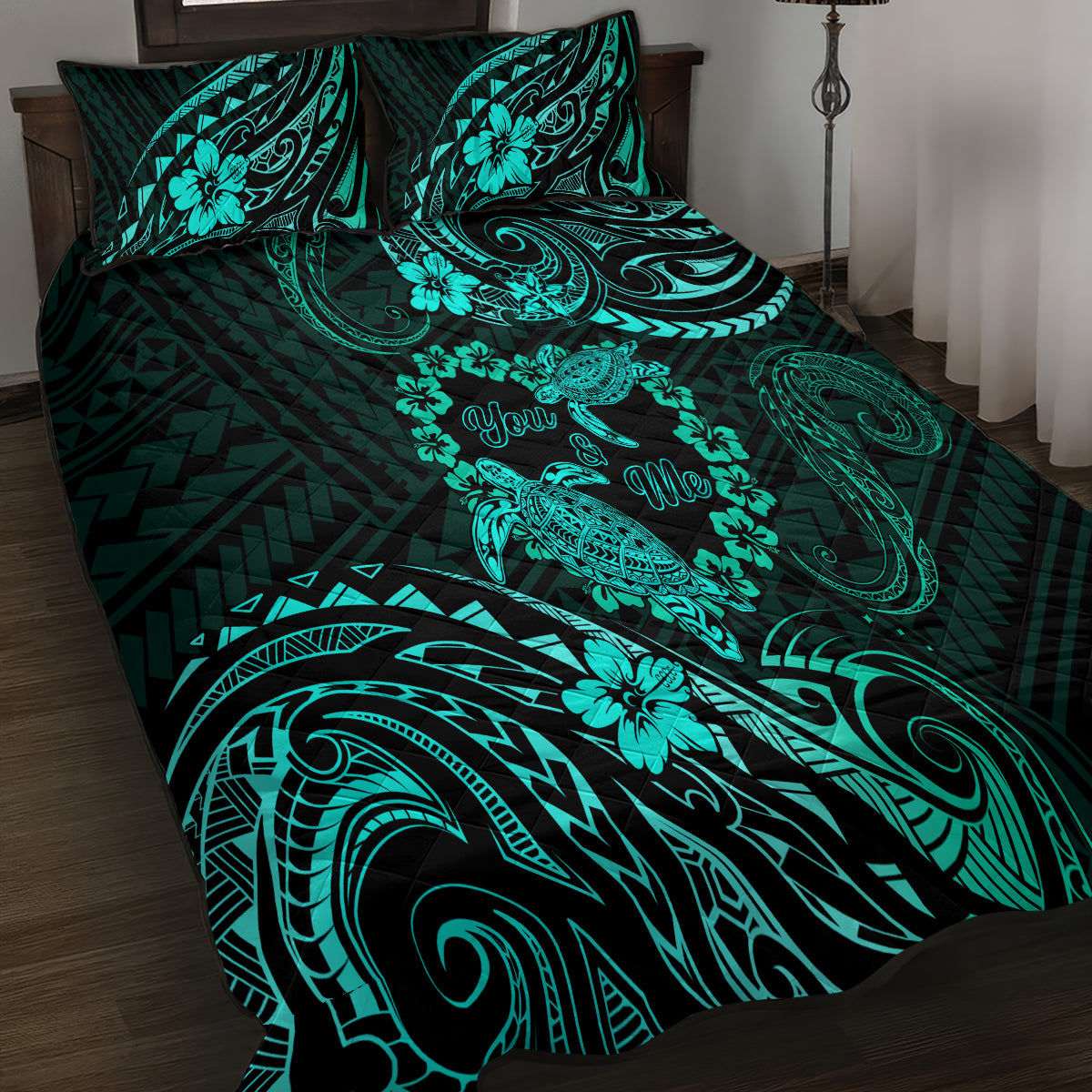 Polynesian Turtle Valentine Quilt Bed Set You And Me Turquoise Hibiscus Heart LT01 - Polynesian Pride