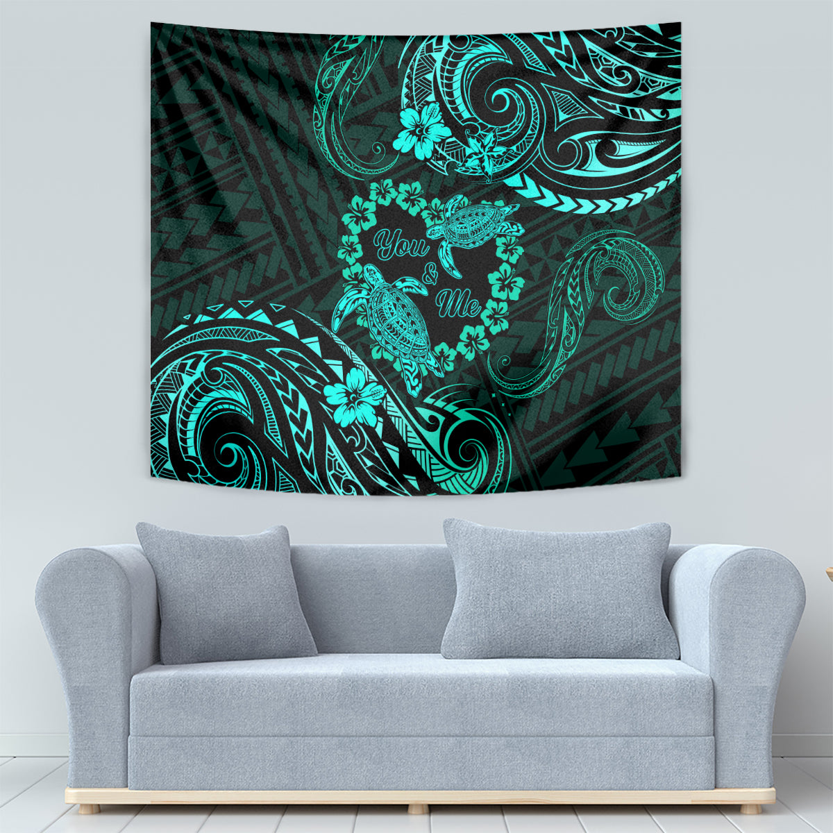 Polynesian Turtle Valentine Tapestry You And Me Turquoise Hibiscus Heart LT01 - Polynesian Pride