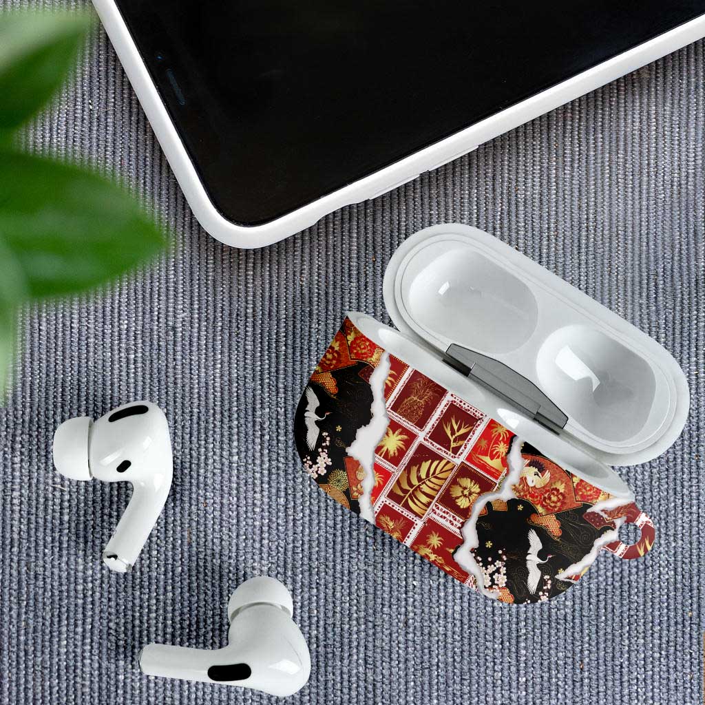 Hawaii Japanese Culture Black AirPods Case Spring Cranes Aloha Pattern