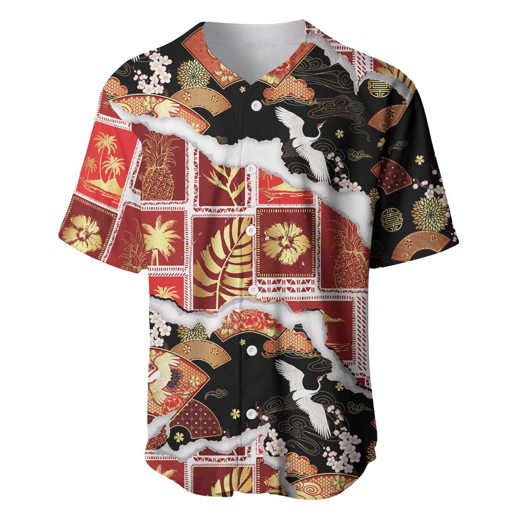 Hawaii Japanese Culture Black Baseball Jersey Spring Cranes Aloha Pattern