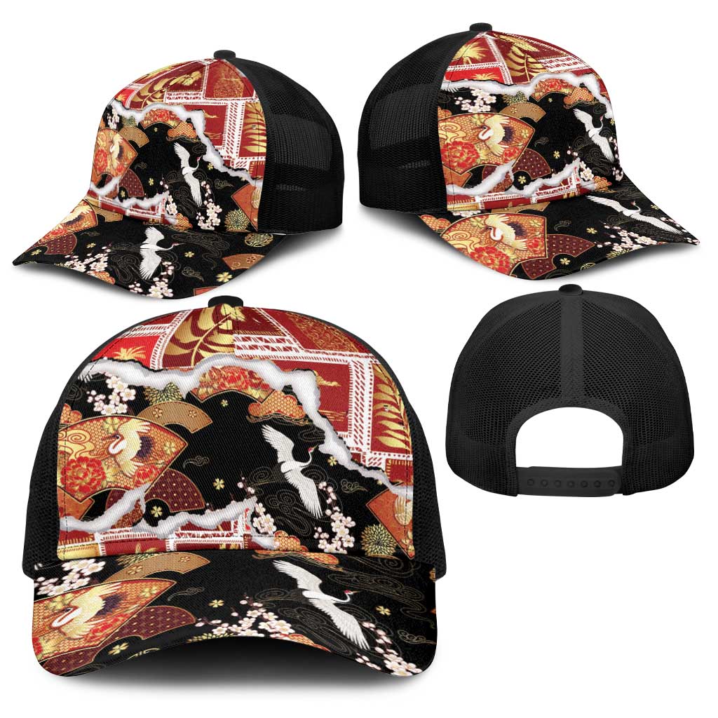 Hawaii Japanese Culture Black Baseball Net Cap Spring Cranes Aloha Pattern