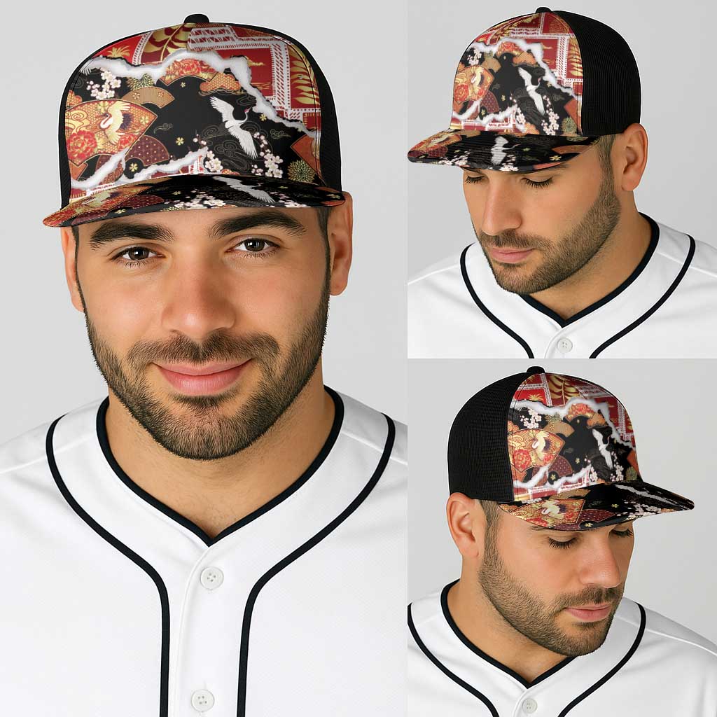 Hawaii Japanese Culture Black Baseball Net Cap Spring Cranes Aloha Pattern